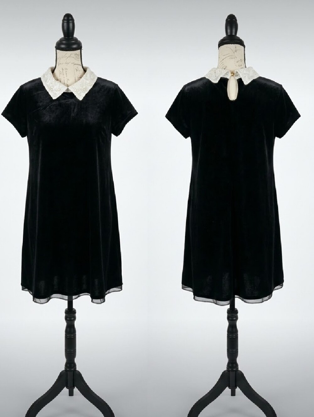 Wednesday Addams Black Velvet Collared Mini Dress Girls size 18.5 or Women's XS